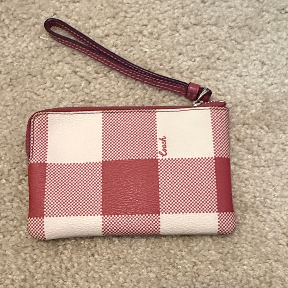 Coach Red and Cream Plaid Wristlet